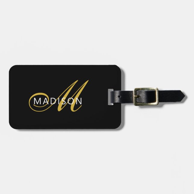 Elegant Black Gold Monogram Script Initial  Luggage Tag (Front Horizontal)