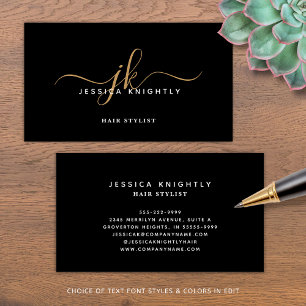 Elegant Black Gold Monogram Script Initials Business Card