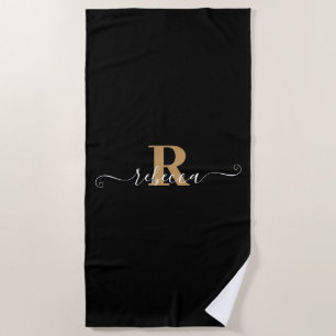 Elegant Black Gold Monogram Script Name Beach Towel