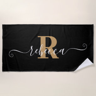 Elegant Black Gold Monogram Script Name Beach Towel