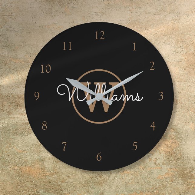 Elegant Black Gold Monogram Script Name Large Clock (Elegant Black Gold Monogram Script Name Large Clock)