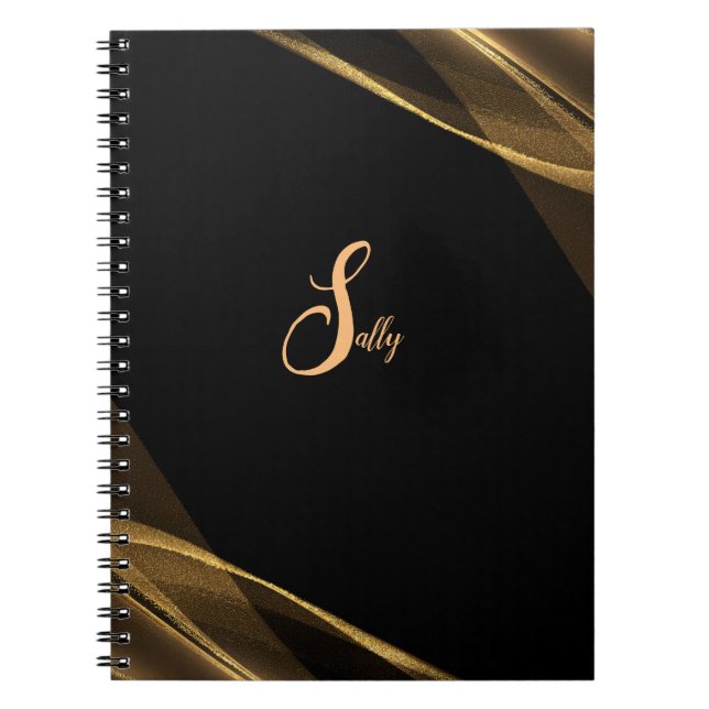 Elegant Black & Gold Monogram Script Name Notebook (Front)