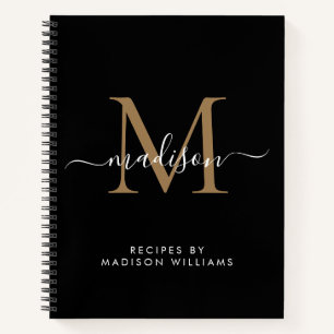 Elegant Black Gold Monogram Script Name Recipe Notebook