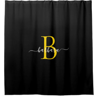Elegant Black Gold Monogram Script Name Shower Curtain