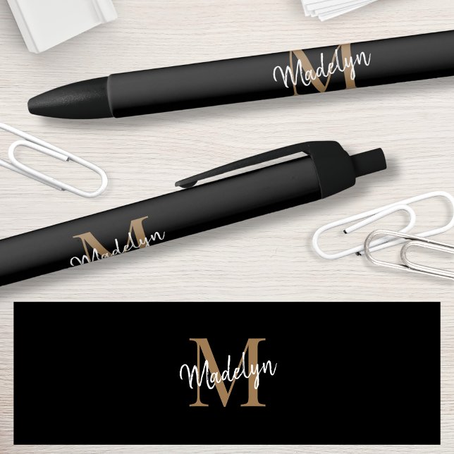 Elegant Black Gold Monogram Script Name Stylish Ink Pen (Creator Uploaded)