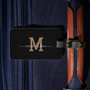Elegant Black Gold Monogram Script Name Stylish Lu Luggage Tag