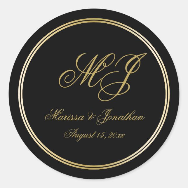 Elegant Black Gold Monogram Script Wedding Classic Round Sticker (Front)