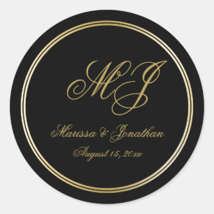 Elegant Black Gold Monogram Script Wedding Classic Round Sticker