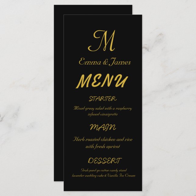 Elegant Black & Gold Monogram Script Wedding Menu (Front/Back)