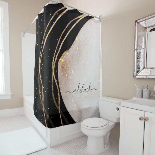 Elegant Black Gold Monogram Signature Script Name Shower Curtain (In Situ)