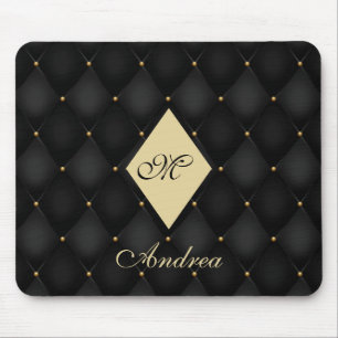 Elegant Black Gold Monogram Tufted Mouse Pad