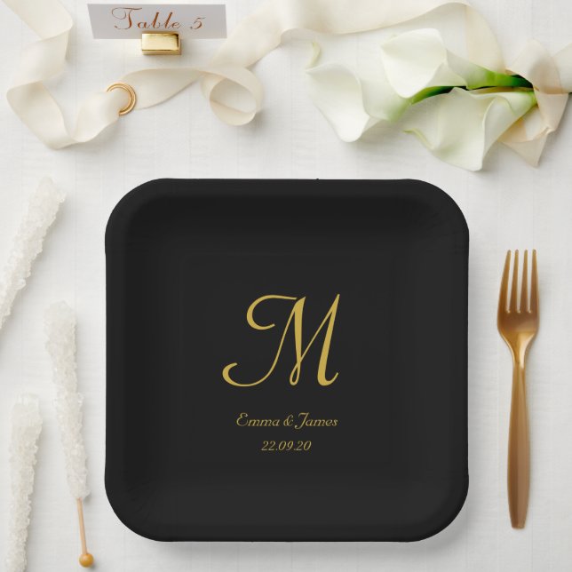 Elegant Black Gold Monogram Wedding Any Party  Paper Plate (Wedding)