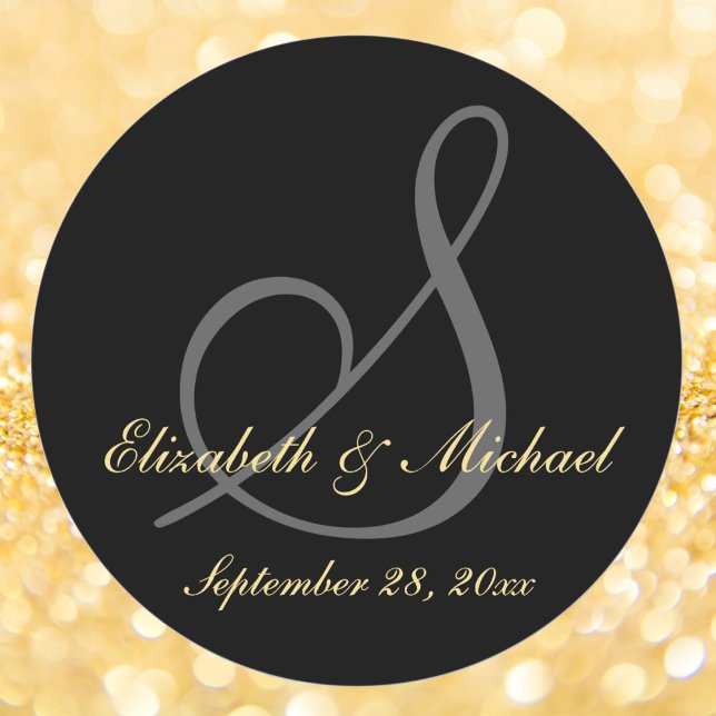 Elegant Black Gold Monogram Wedding Save the Date Classic Round Sticker (Elegant Black Gold Monogram Wedding Save the Date Classic Round Sticker)