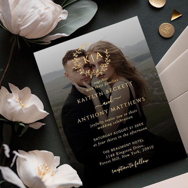 Elegant Black & Gold Monogram Wreath Photo Wedding Invitation (Creator Uploaded)