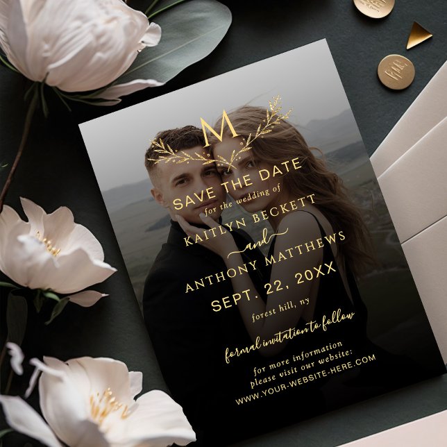 Elegant Black & Gold Monogram Wreath Photo Wedding Save The Date (Creator Uploaded)