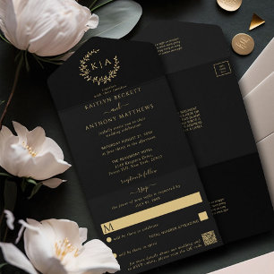 Elegant Black & Gold Monogram Wreath Wedding All In One Invitation
