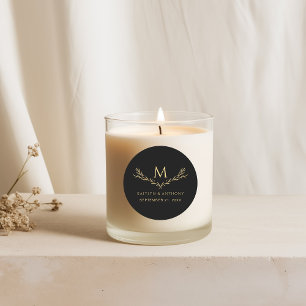 Elegant Black & Gold Monogram Wreath Wedding Favor Classic Round Sticker