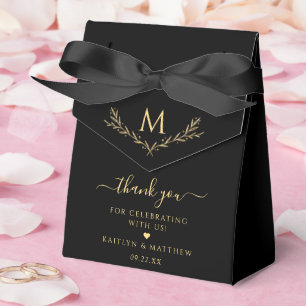 Elegant Black & Gold Monogram Wreath Wedding Favour Box