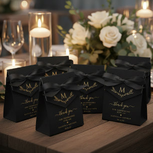 Elegant Black & Gold Monogram Wreath Wedding Favour Box