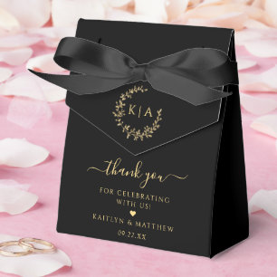Elegant Black & Gold Monogram Wreath Wedding Favour Box