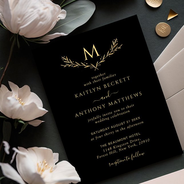 Elegant Black & Gold Monogram Wreath Wedding Invitation (Creator Uploaded)