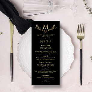 Elegant Black & Gold Monogram Wreath Wedding Menu