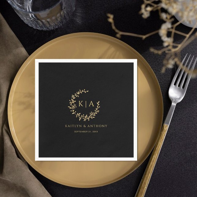 Elegant Black & Gold Monogram Wreath Wedding Napkin (Creator Uploaded)