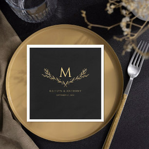 Elegant Black & Gold Monogram Wreath Wedding Napkin