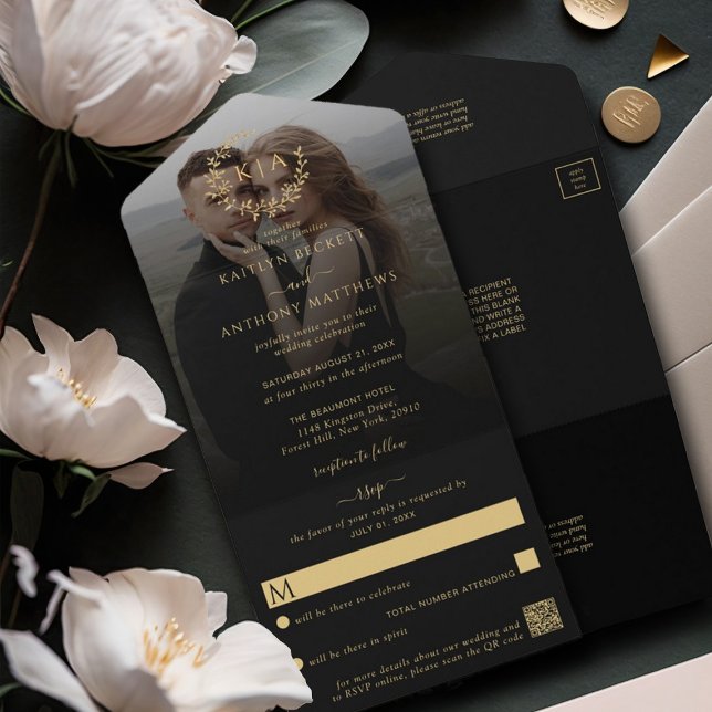 Elegant Black & Gold Monogram Wreath Wedding Photo All In One Invitation (Creator Uploaded)