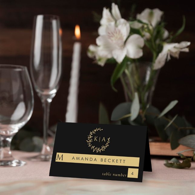 Elegant Black & Gold Monogram Wreath Wedding Place Card (Creator Uploaded)