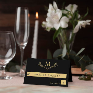 Elegant Black & Gold Monogram Wreath Wedding Place Card