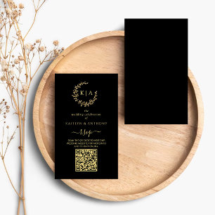 Elegant Black & Gold Monogram Wreath Wedding RSVP Enclosure Card