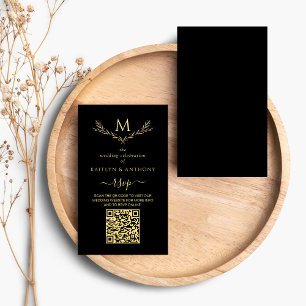 Elegant Black & Gold Monogram Wreath Wedding RSVP Enclosure Card