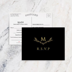 Elegant Black & Gold Monogram Wreath Wedding RSVP Invitation Postcard