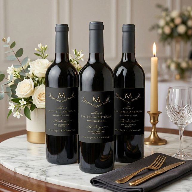 Elegant Black & Gold Monogram Wreath Wedding Wine Label (Creator Uploaded)