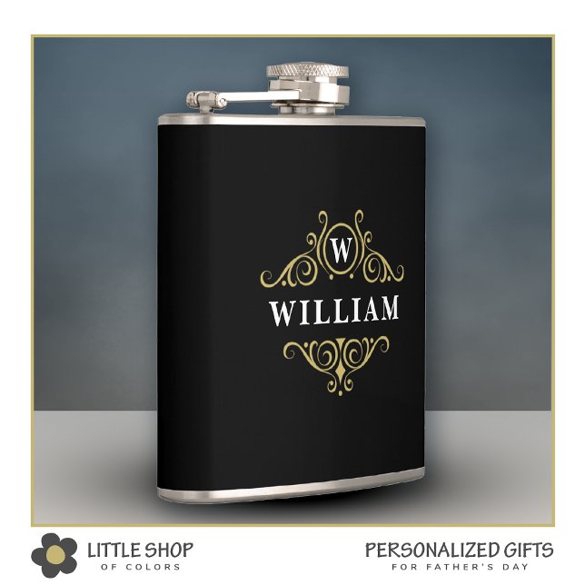 Elegant Black Gold Monogrammed Flask (Creator Uploaded)
