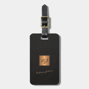 Elegant black gold monogrammed script name luggage tag