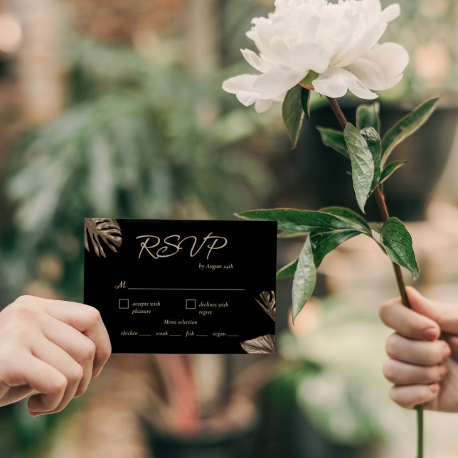 Elegant Black Gold Monstera Wedding Meal Choice RSVP Card (Creator Uploaded)