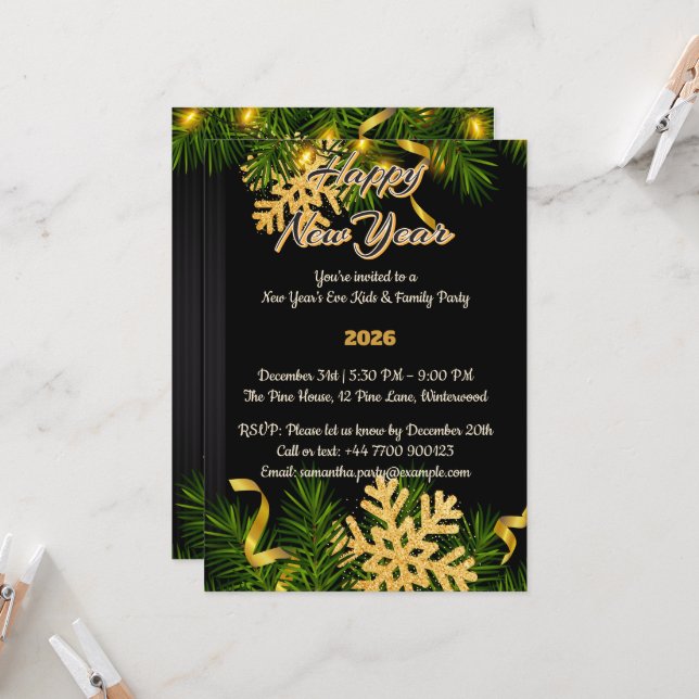 Elegant Black & Gold New Year Invitation 5x7  (Front/Back In Situ)