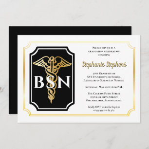 Elegant Black   Gold Nurse BSN Graduation Party Invitation