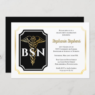 Elegant Black | Gold Nurse BSN Graduation Party Invitation