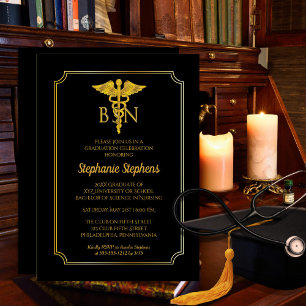 Elegant Black   Gold Nurse BSN Graduation Party Invitation
