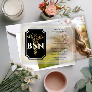 Elegant Black   Gold Nurse BSN Graduation Party Vellum Invitations
