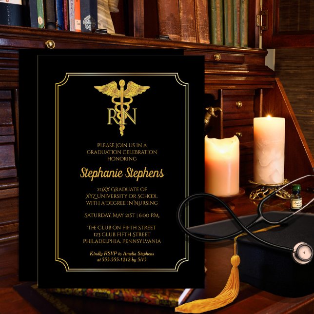 Elegant Black | Gold Nurse RN Graduation Party Invitation (Creator Uploaded)