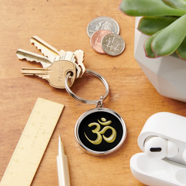Elegant Black Gold Om Sanskrit Symbol Key Ring (Desk)