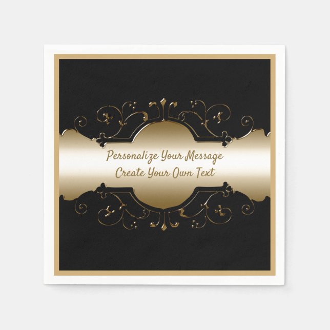 Elegant Black & Gold Ornamental Design Personalise Napkin (Front)