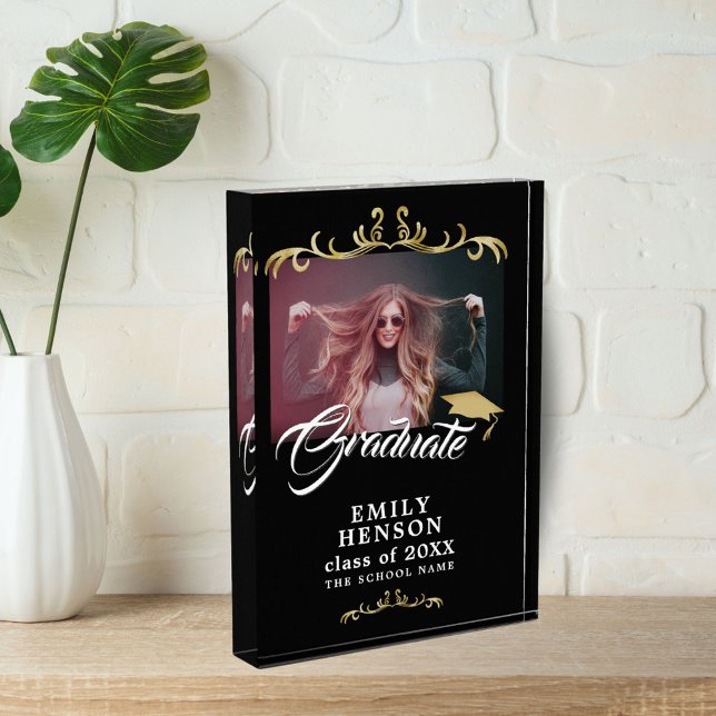 Elegant Black Gold Ornaments Grad Graduation  Photo Block (Creator Uploaded)