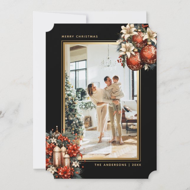 Elegant Black Gold Ornaments Photo Christmas Holiday Card (Front)
