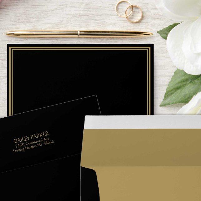 Elegant Black Gold Ornate Typography Wedding Envelope (Elegant black envelope with gold return address and gold inside.)