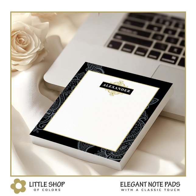 Elegant Black Gold Paisley Customisable Monogram Notepad (Creator Uploaded)